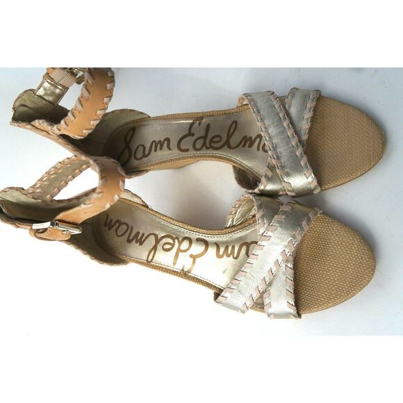 SAM EDELMAN Silvia US 10M Gold Nude Wedge Sandals Shoes w Ankle Strap & Zipper - Picture 6 of 7